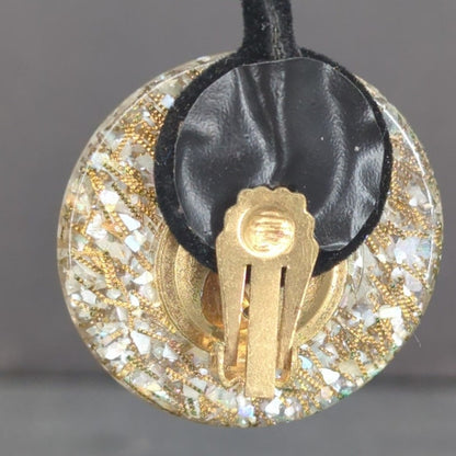 Vintage Clear Lucite Gold Speckle Confetti Dome Button Clip On Earrings Retro