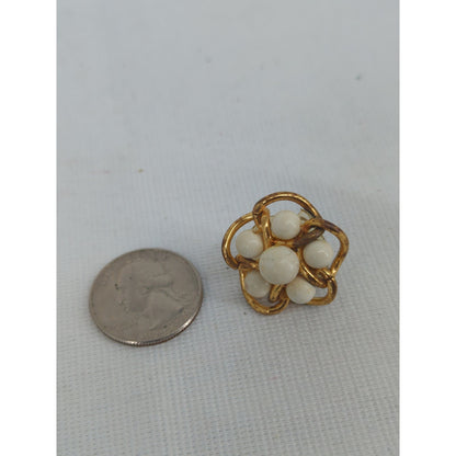 Vintage Gold Tone Faux Pearl Cluster Screw Back Earrings Retro Chic