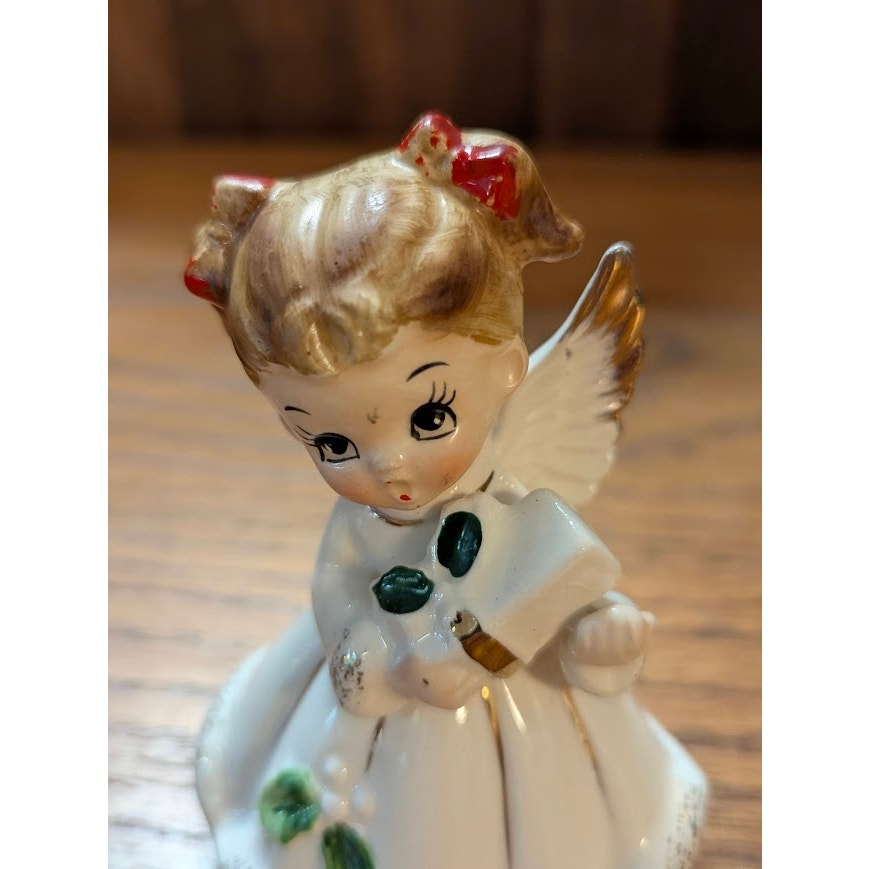 Vintage Josef Originals Christmas Angel Figurine with white box and Holly Accent