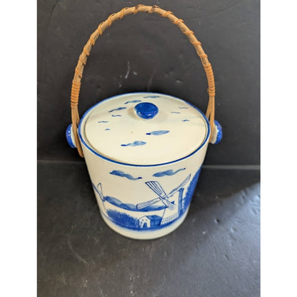 Vtg Hand Painted Biscuit / Cookie tea  Jar Wicker Handle Lid Japan Blue Canister