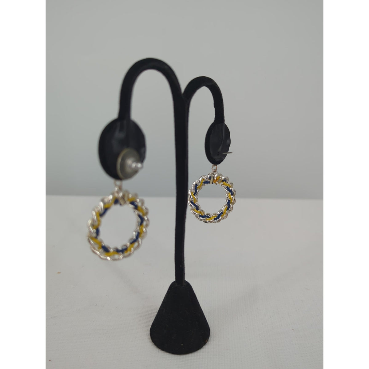 Vintage Silver Tone Blue Yellow Braided Hoop Dangle Earrings