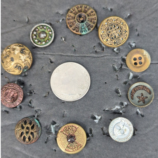 LOT HH of 10 Antique Vintage Victorian Brass Mixed Materials Buttons ESTATE FIND
