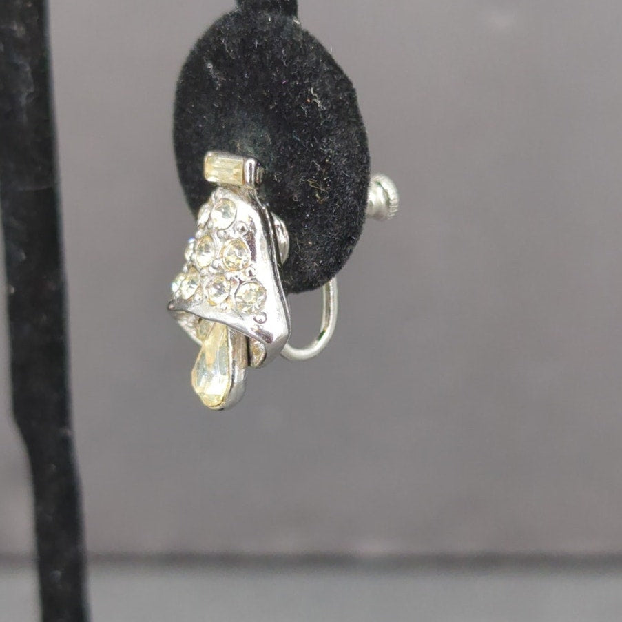 Vintage 1960s Clear Rhinestone Crystal Teardrop Bells ClipOn Dangle Drop Earring
