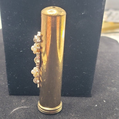 Vintage Rhinestone Faux Pearl Gold Tone Retractable Travel Toothbrush Case