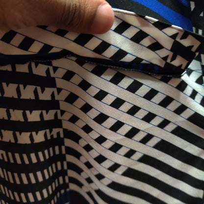 Calvin Klein Blue Black White Geometric Striped Roll Tab Sleeve Blouse Tunic M/L