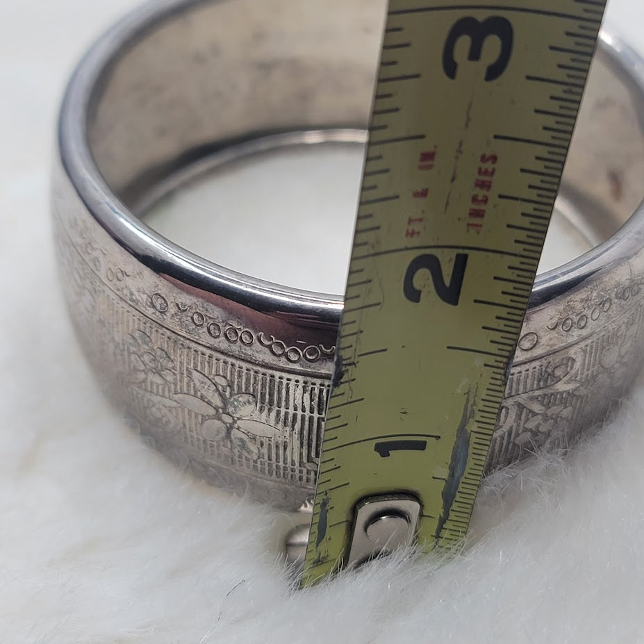 Vintage Etched Silver Tone Bangle Bracelet Floral Pattern Boho Festival