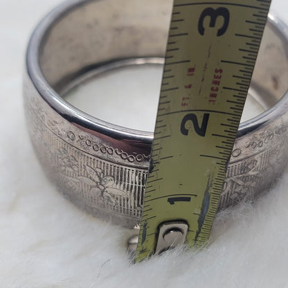 Vintage Etched Silver Tone Bangle Bracelet Floral Pattern Boho Festival