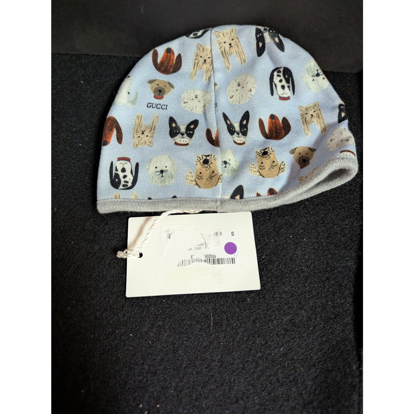 Gucci Baby Beanie Hat Blue Dog Puppy Illustrated Print Cotton NWT Newborn Luxury