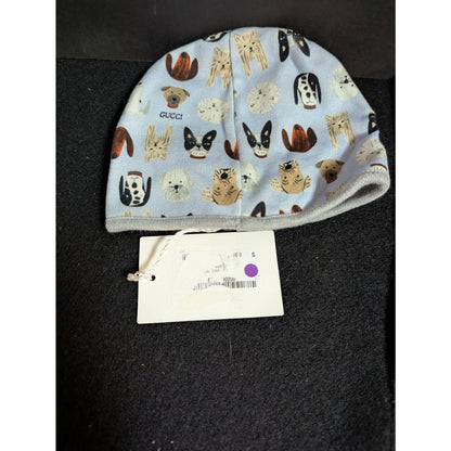Gucci Baby Beanie Hat Blue Dog Puppy Illustrated Print Cotton NWT Newborn Luxury