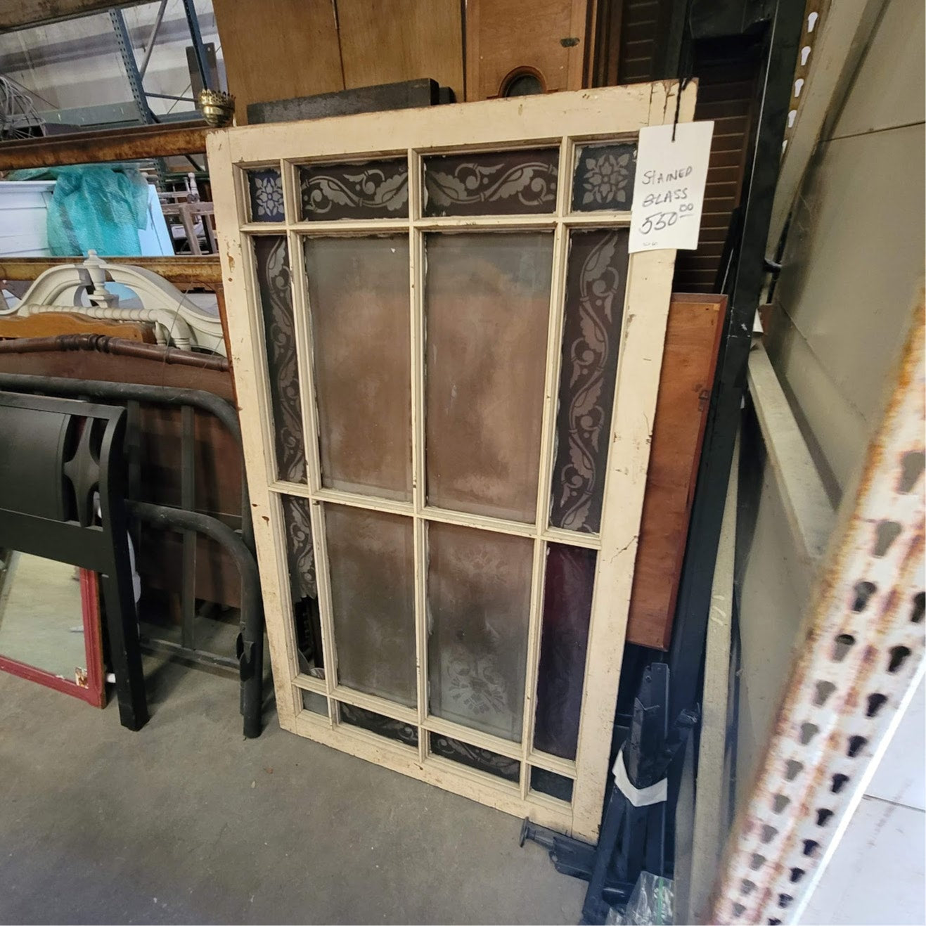 Secondhand Sandies 36" x 60" Antique large framed stained glass white red clear