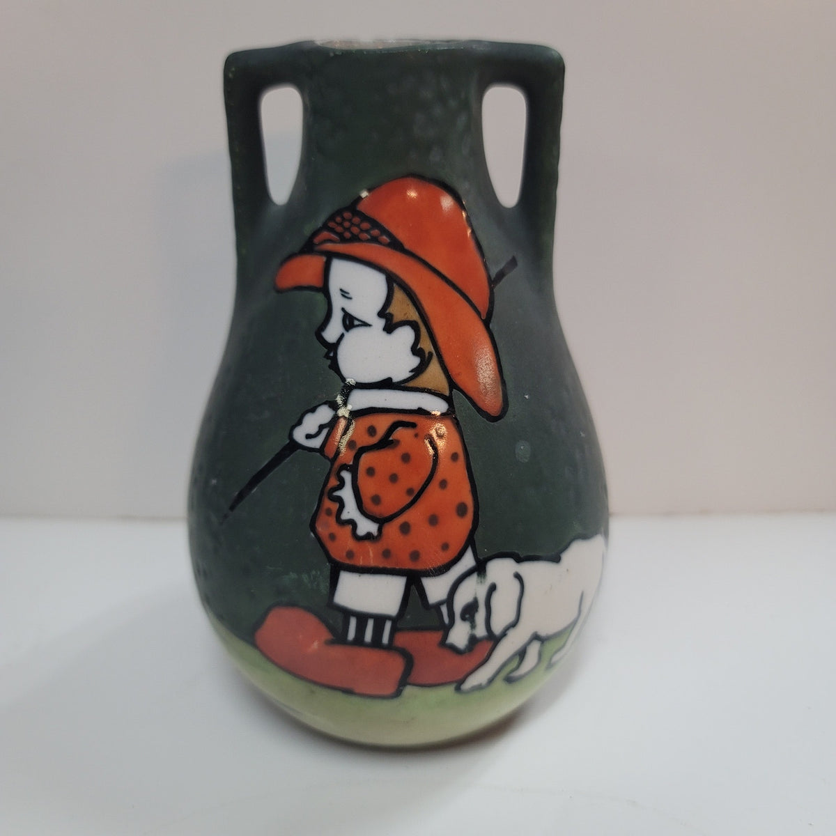 Austrian Art Pottery Double handle Vase Boy & Dog 6" green orange Porcelain