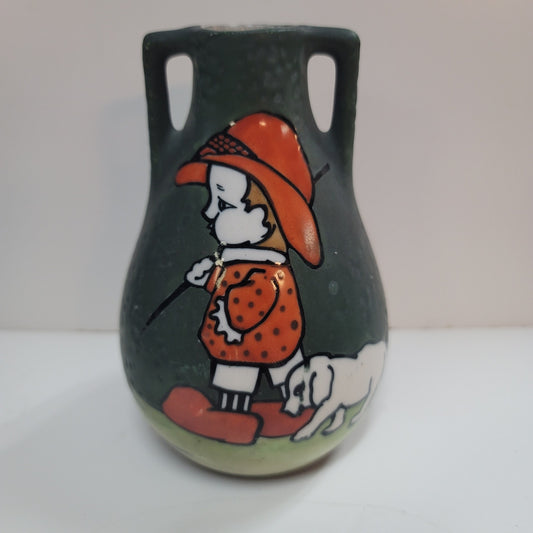 Austrian Art Pottery Double handle Vase Boy & Dog 6" green orange Porcelain