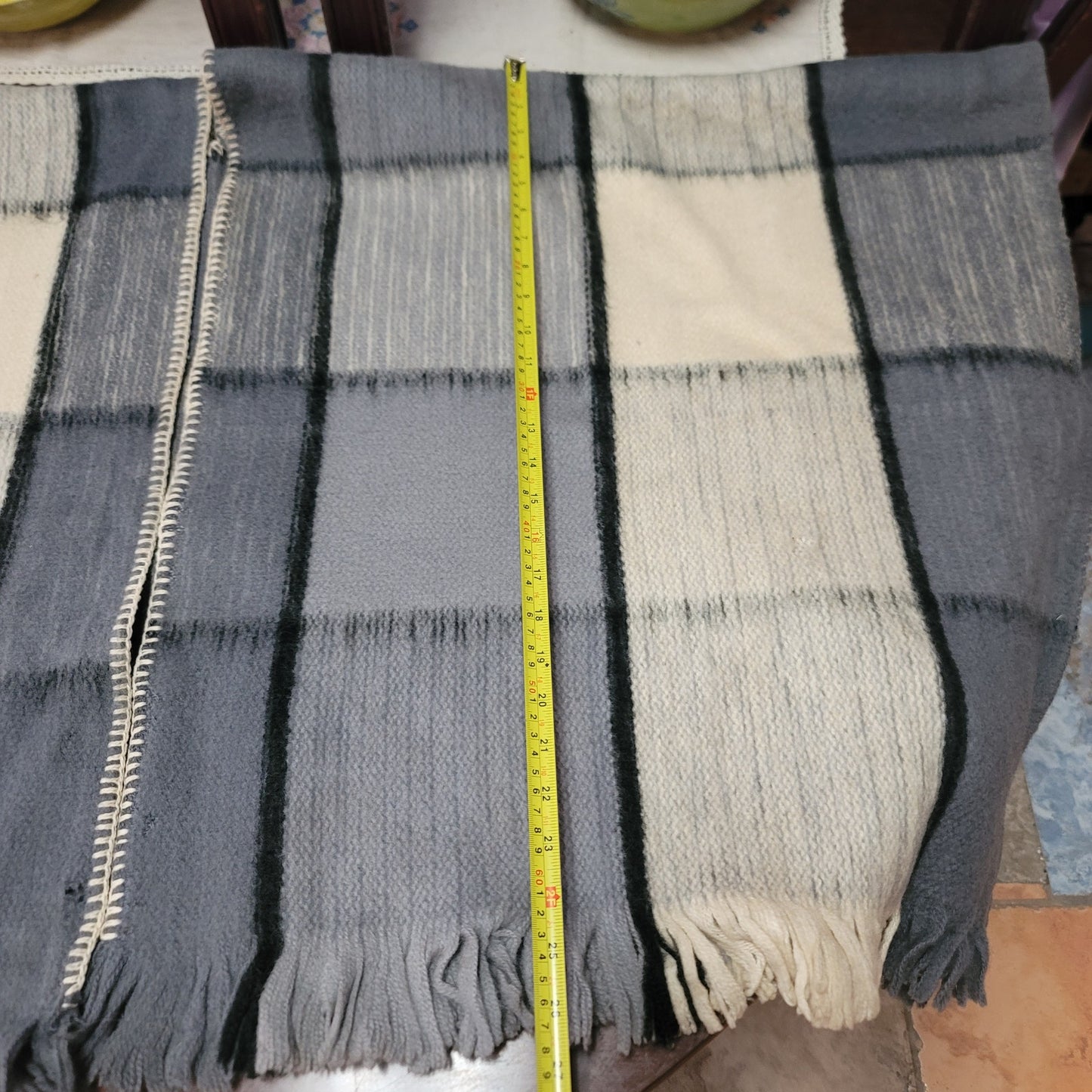 Vintage Wool poncho Serape Plaid Gray Cream Black One Size Wrap Cape