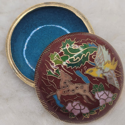 Vintage Cloisonné Enamel Trinket Snuff Pill Stash Box Deer, Crane & Dragon Motif