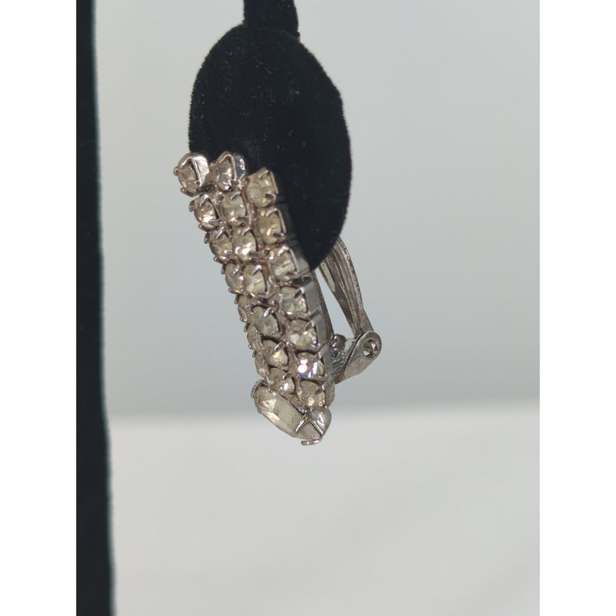 Vintage Art Deco Rhinestone Curved Waterfall Clip On Earrings Mid Century Glam