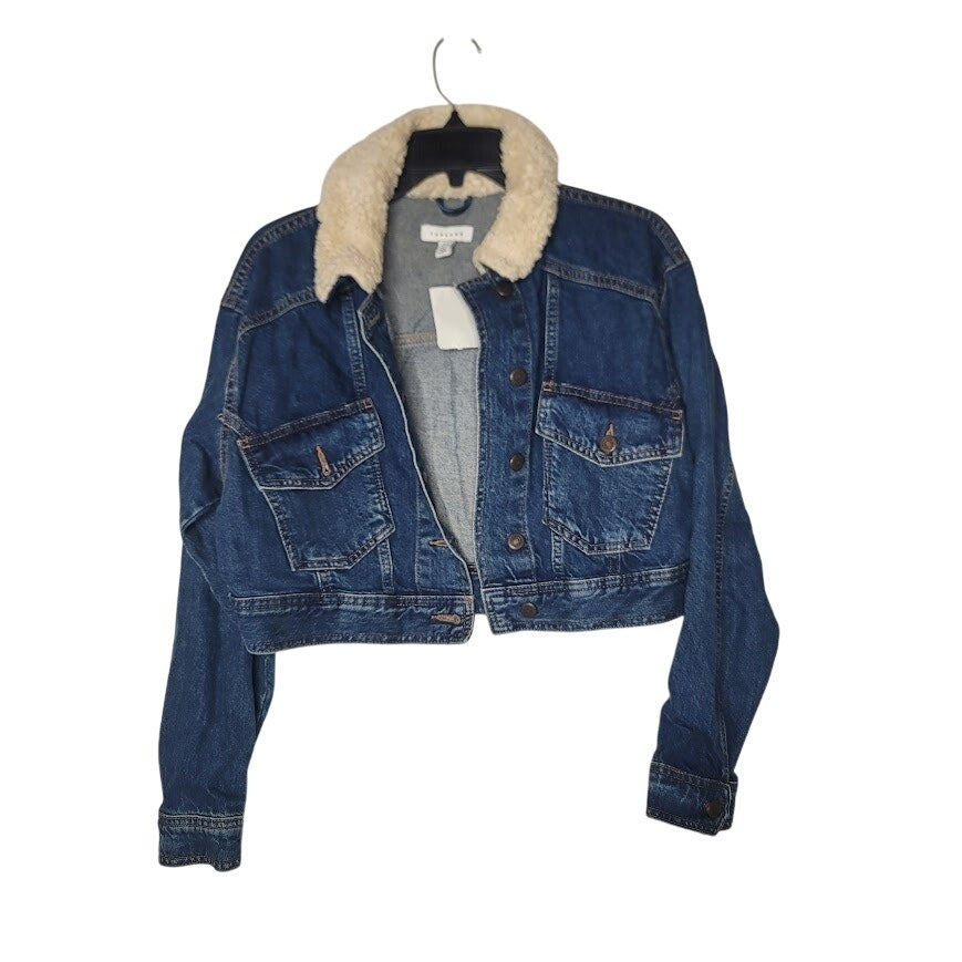 NEW Topshop sz 6 Cropped Dark Wash Heavy Denim Fleece Collar Jean trucker Jacket
