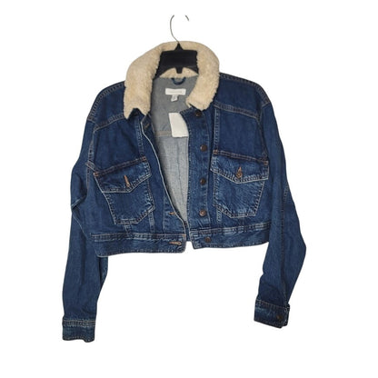 NEW Topshop sz 6 Cropped Dark Wash Heavy Denim Fleece Collar Jean trucker Jacket