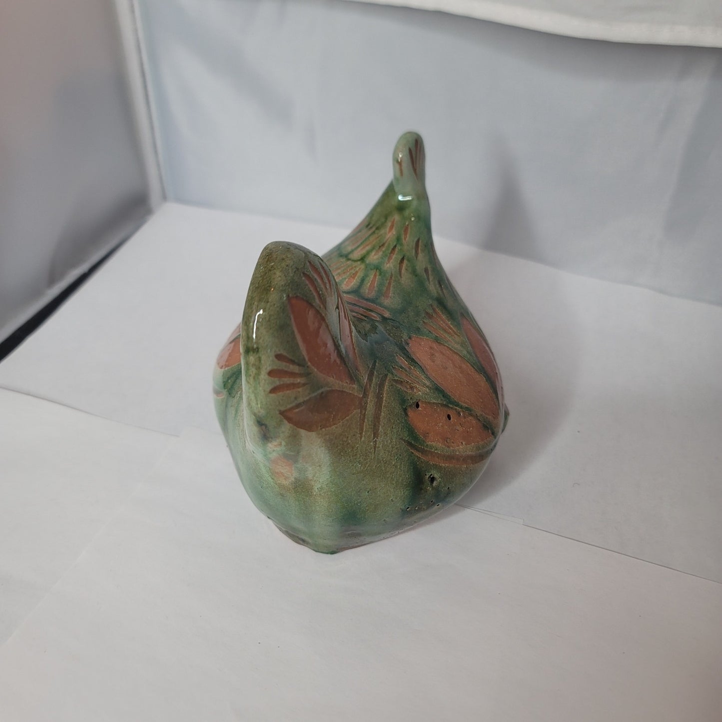 Hen and chicks Handmade pottery green clay incised design 7" x 5" Art Pottery