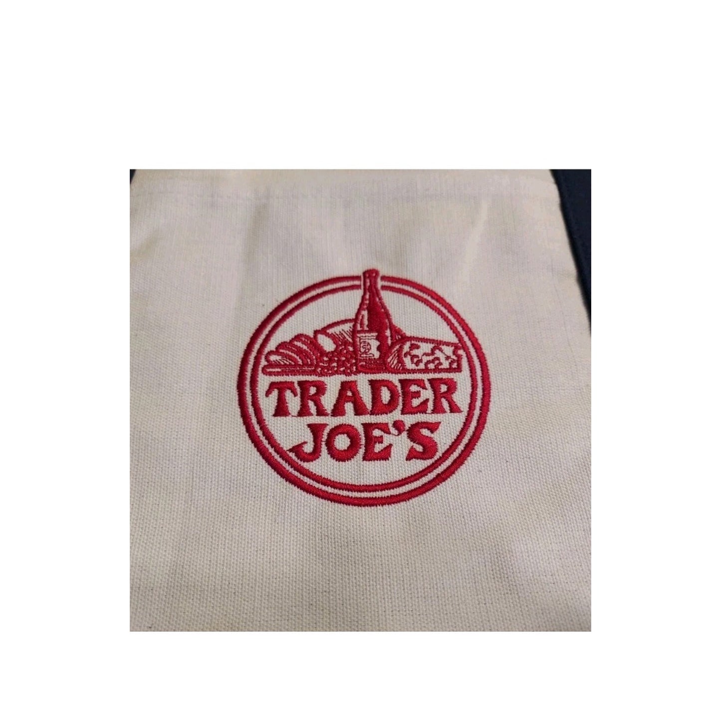 TRADER JOE'S TOTE BAG NAVY BLUE CANVAS STRAPS NEW 20" Iconic REUSABLE EMBROIDERY