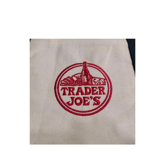 TRADER JOE'S TOTE BAG NAVY BLUE CANVAS STRAPS NEW 20" Iconic REUSABLE EMBROIDERY