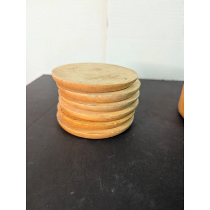 Vintage Mid Century Modern Wooden Drink Coasters Set of 6 with Holder