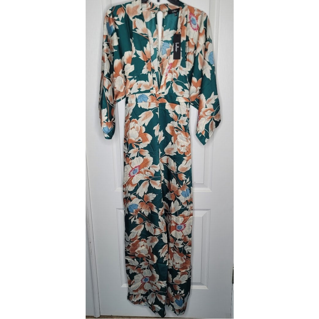 From Sunrise Teal Floral Print Wide-Leg Jumpsuit Lulus New Medium 3/4 Sleeve