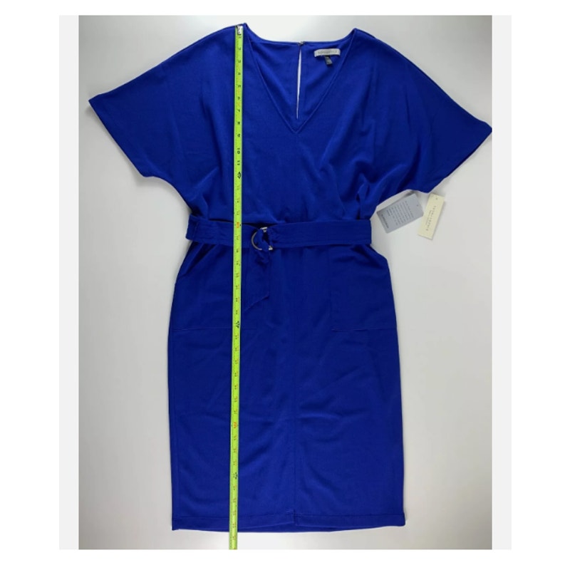 Blue Tash + Sophie Sheath Dress Belted Stretch V Neck Dolman Sleeve Pocket LARGE