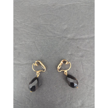 Vintage Black Spinel Bead Drop Dangle Earrings Gold Tone Clip On 1960s
