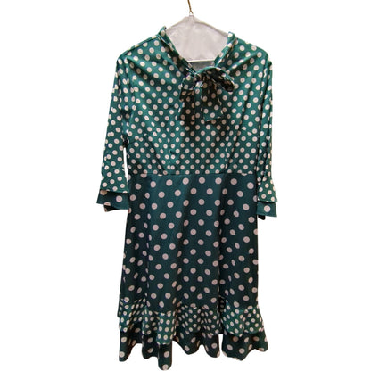 Vintage Kelly Green Polka Dot Pussy Bow Ruffle Hem Dress 16 Retro Pinup