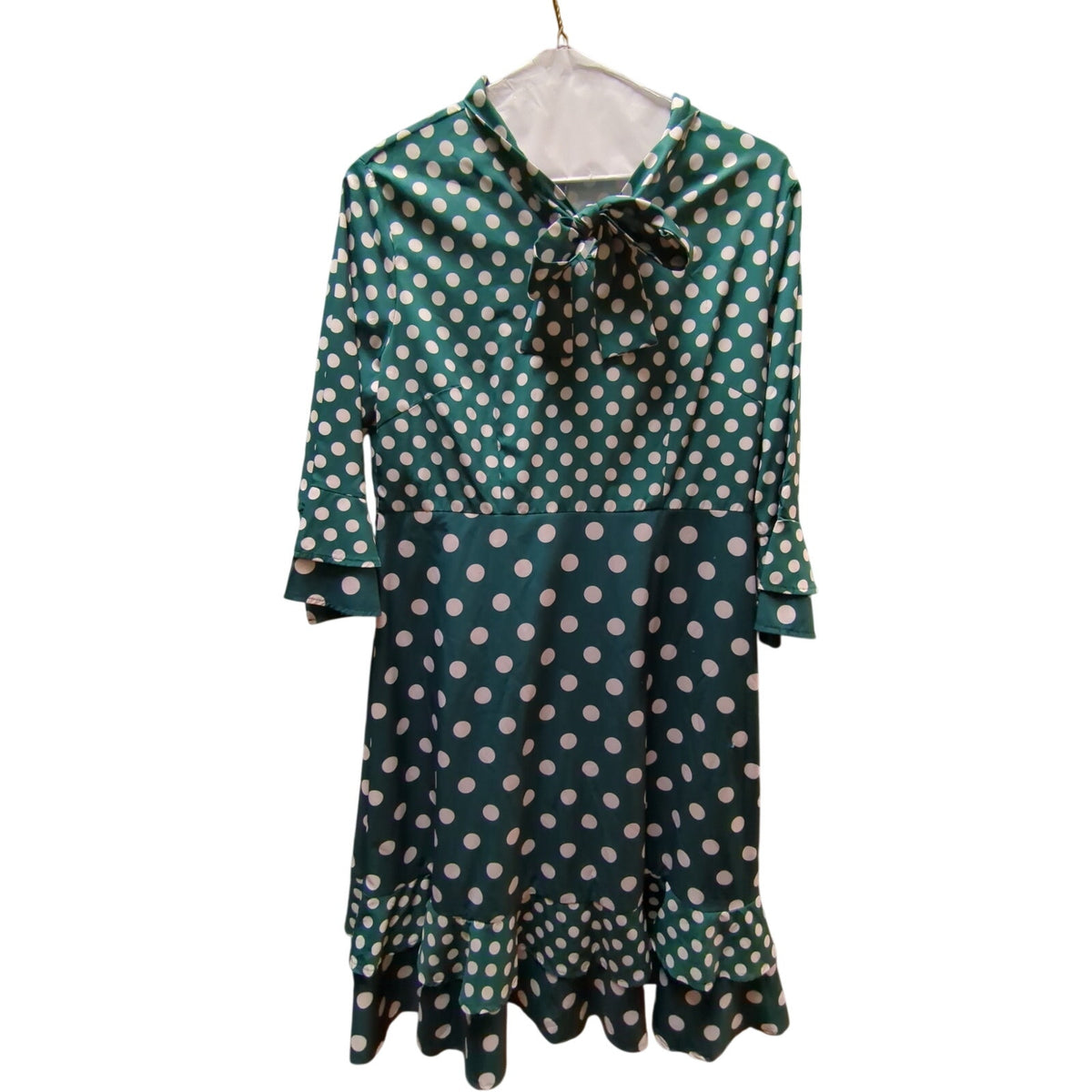 Vintage Kelly Green Polka Dot Pussy Bow Ruffle Hem Dress 16 Retro Pinup