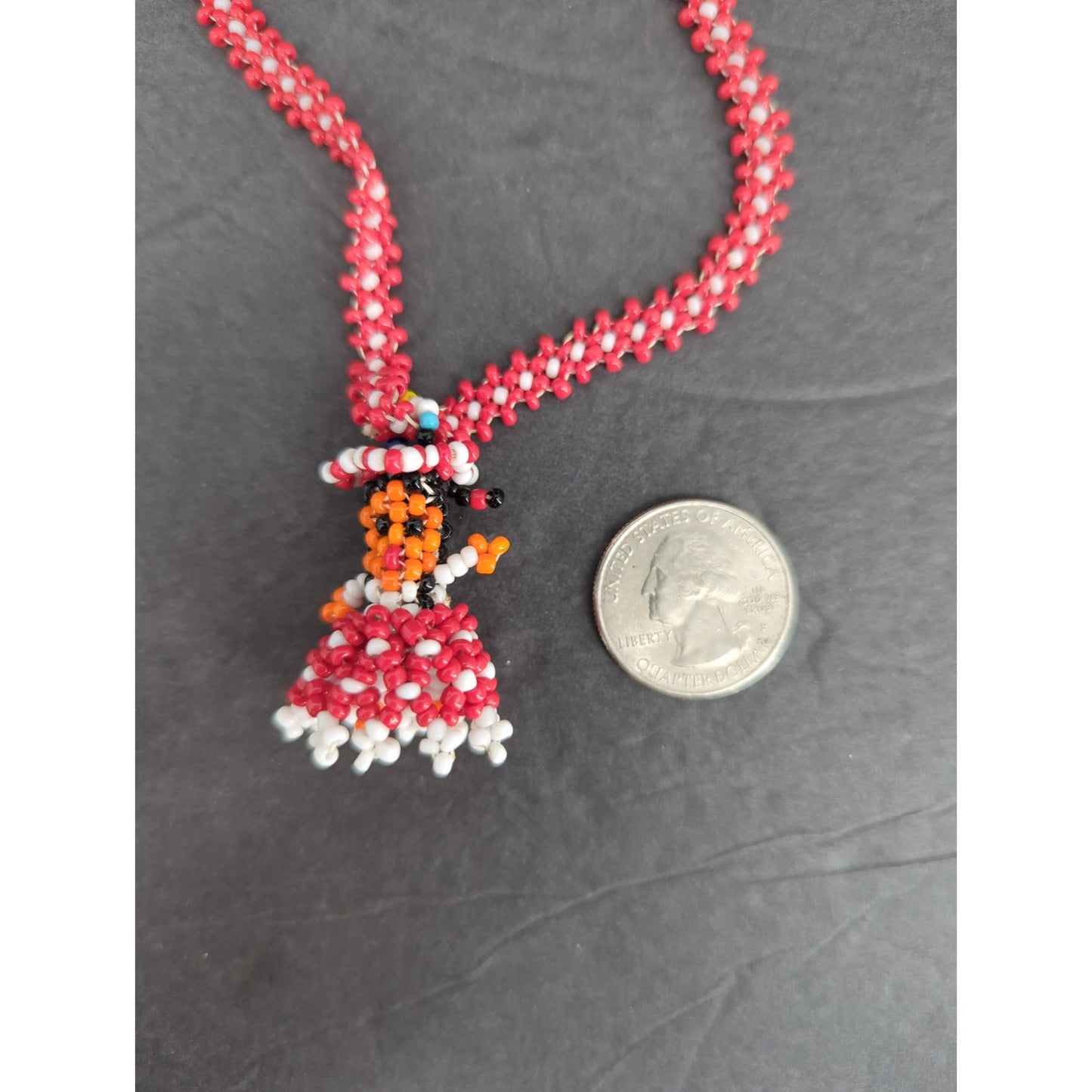 Vintage Folk Art Beaded Doll Pendant Necklace Red & White Mexican Otomi Style