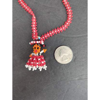 Vintage Folk Art Beaded Doll Pendant Necklace Red & White Mexican Otomi Style