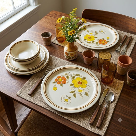 Pair 12" platters Painted Meadow Woodberry Collection chargers Vintage 70s Decor