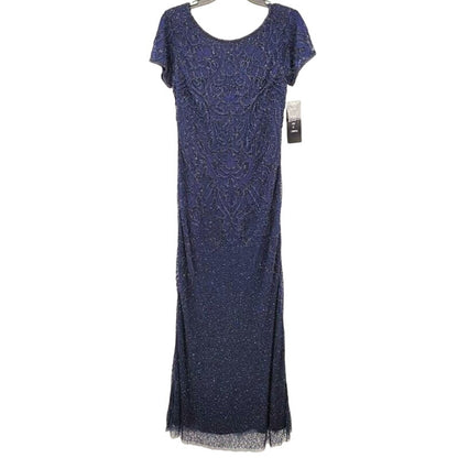 Pisarro Nights Column Dress cap sleeve Beaded Mesh Formal Gown Sz 12 in Navy NEW