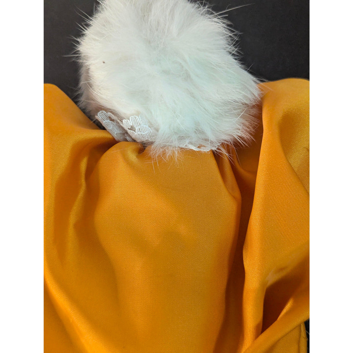 Vintage Porcelain Clown Doll Yellow Satin Jumpsuit White Faux Fur Hair
