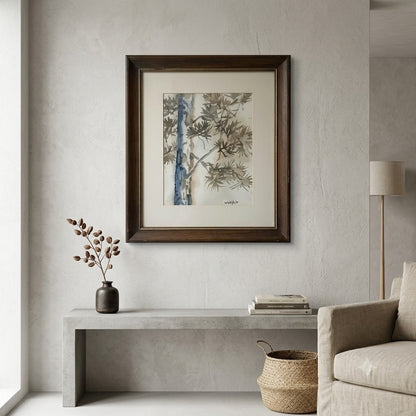 Framed Original Sumi-e Watercolor Pine Tree Landscape Painting Signed Wahlfelt