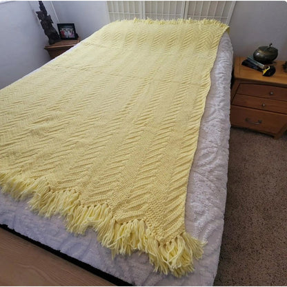 handmade Yellow afghan throw fringe chevron 50" x77" twin zigzag homestead retro