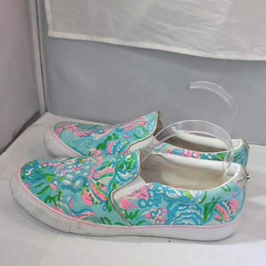 Lilly Pulitzer Julie Sneaker Color Blue Ibiza Cabana Cocktail Size 10 slide on