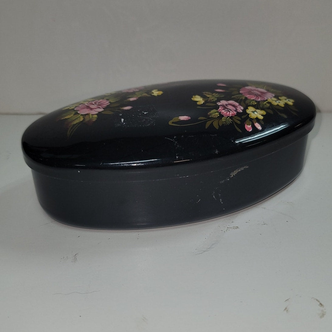 Vintage Russian Metal black floral handpainted trinket box Tin Oval Red inside