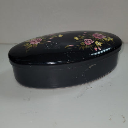 Vintage Russian Metal black floral handpainted trinket box Tin Oval Red inside