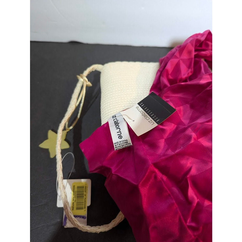 Liz Claiborne Vintage Straw Bucket Crossbody Purse & Red Floral Scarf NWT