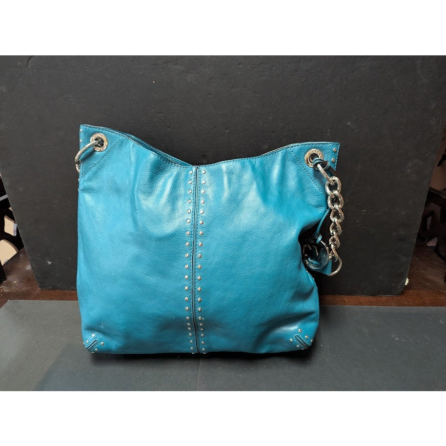Michael Kors bucket boho Purse bag Chain Handle Strap leather Teal PreOwned