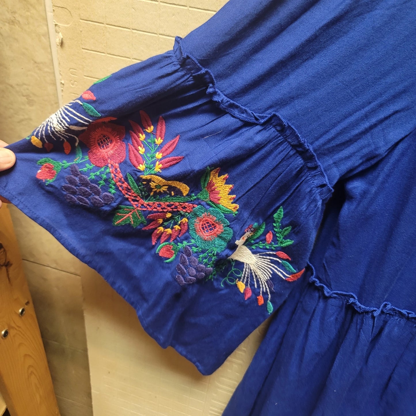 Judith March Boho Blue Embroidery Bell Sleeve Mini Dress small tassel Festival