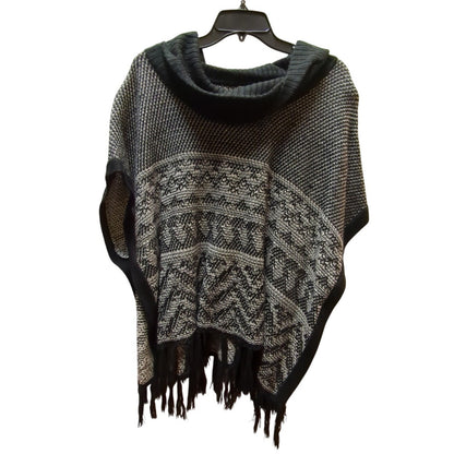 Faded Glory Boho Fair Isle Fringe Poncho Sweater Cowl Neck Large Gray Y2K Retro