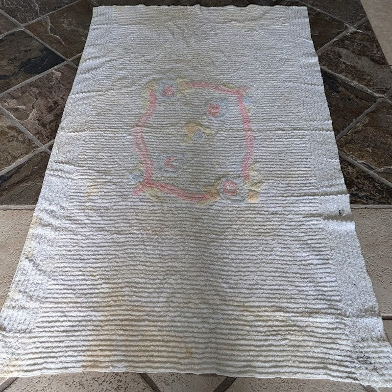 Vintage cream yellow pink blue Baby chenille crib  blanket FAIR condition Cutter