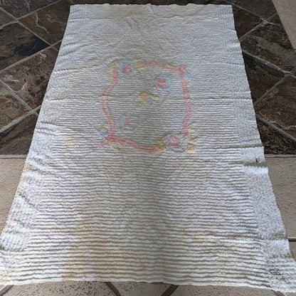 Vintage cream yellow pink blue Baby chenille crib  blanket FAIR condition Cutter