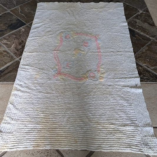 Vintage cream yellow pink blue Baby chenille crib  blanket FAIR condition Cutter
