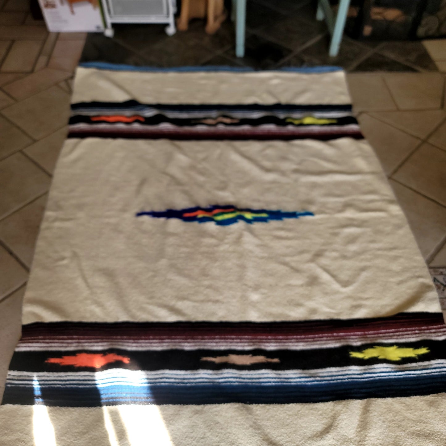 Vintage Mexican Zapotec Handwoven Wool Rug Blanket 82x56 Cream MCM Southwestern