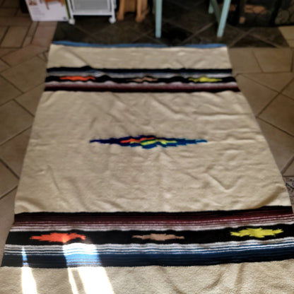 Vintage Mexican Zapotec Handwoven Wool Rug Blanket 82x56 Cream MCM Southwestern