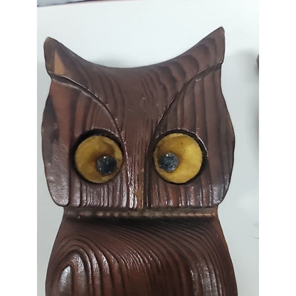 PAIR 9.5" MID Century Modern Carved Wooden Owl on Branch Big Eyes BOHO Lot Of 2